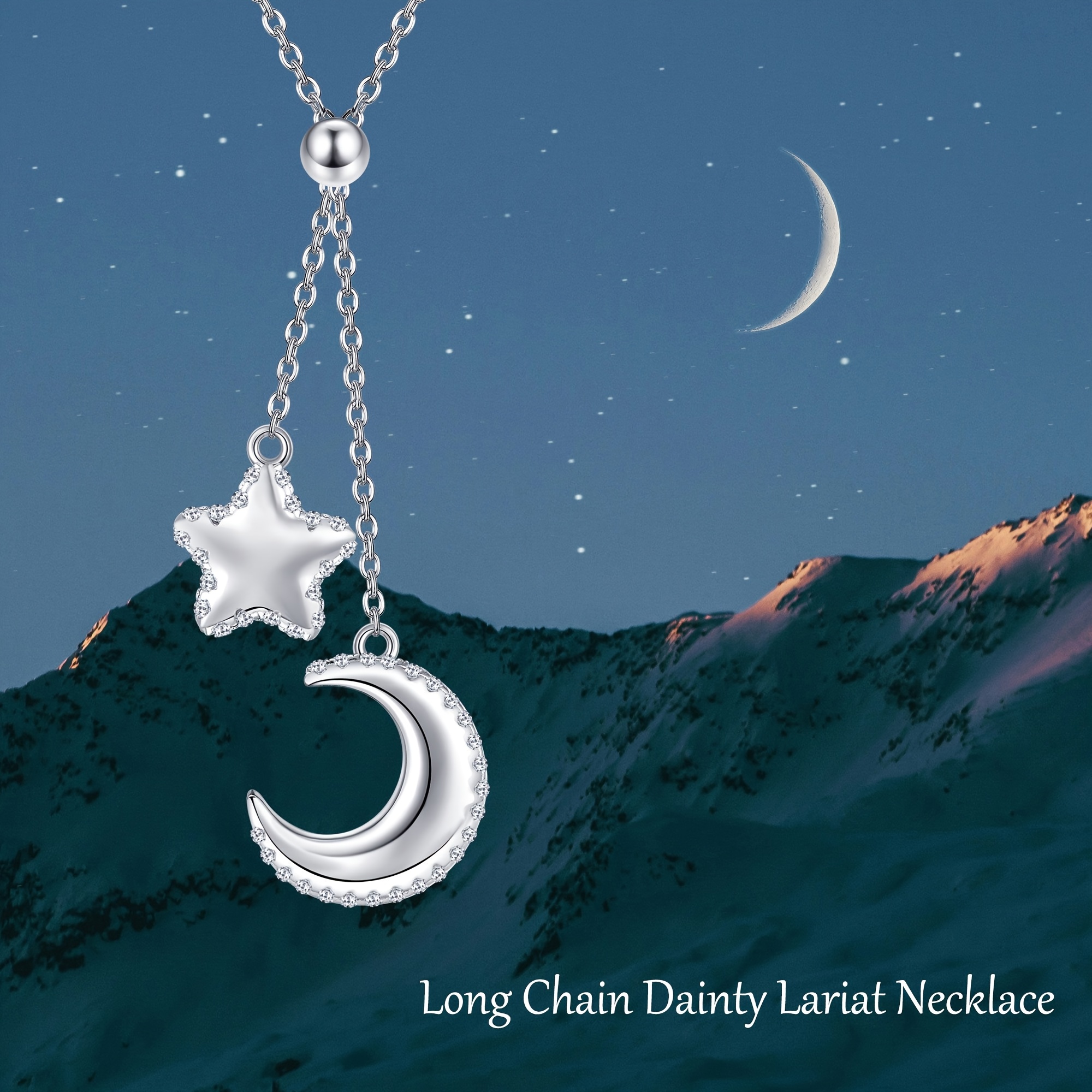 Women's Adjustable Sterling Silver Moon and Star Lariat Necklace